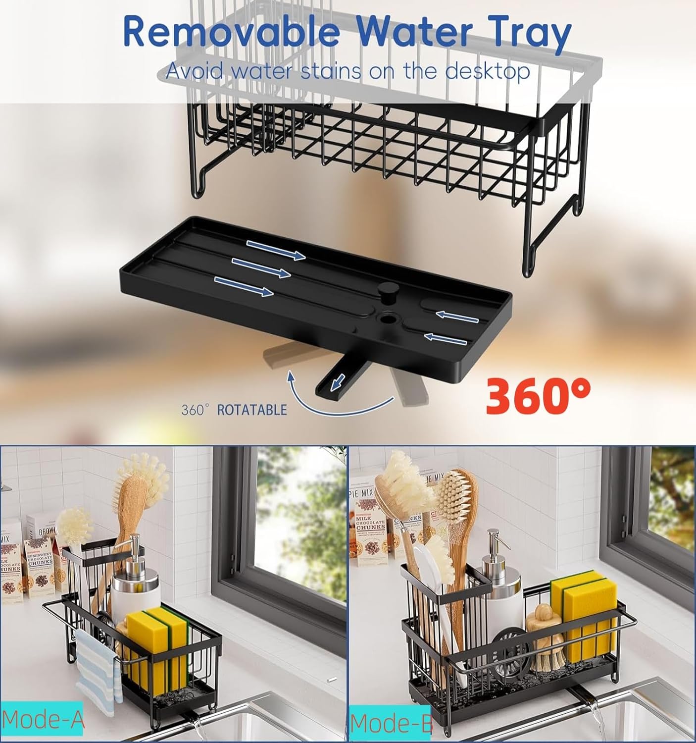 Sink Caddy Sponge Holder with Auto Draining Tray, Space-Saving Soap Dispenser Storage Kitchen Organizer Accessories (Black Holder)