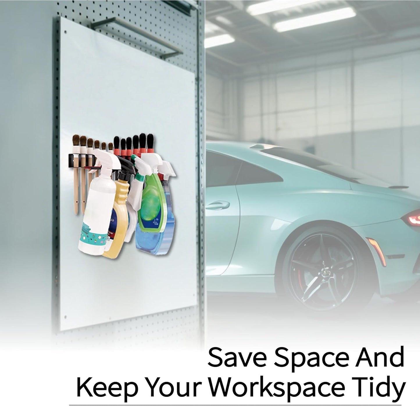 Wall Mount Brush & Spray Bottle Holder Combo Rack for Garage, Detailing Organizer with Mounting Hardware - Holds 12 Brushes & Hanging Rail for Bottles