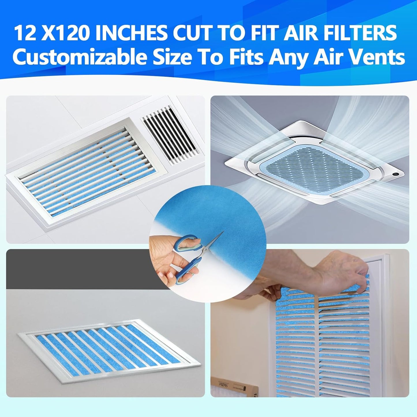 2 Rolls 12" x120" Air Vent Filters, Cut to Fit Air Filter (100+ Filters), MERV 8 Triple Vent Filter for Home Floor, Ceiling, RV, HVAC Furnace Vents, With Adhesive Hook Tape and Installation Tape
