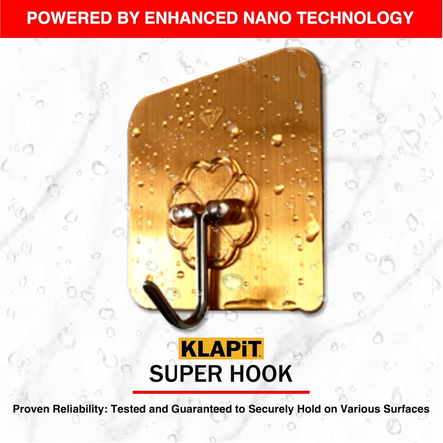 KLAPiT Super Hook - Heavy-Duty Adhesive Gold Wall Hooks, Holds Up to 11 lbs, Waterproof, No Damage, Easy Install on Tile, Wood, Stone, Glass & Metal - Made of Steel (Gold, 24pc)