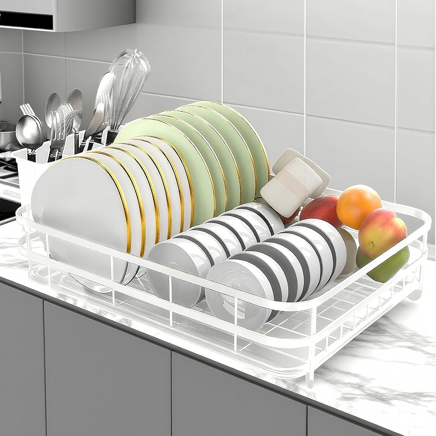 Dish Drying Rack Stainless Steel Drying Racks for Kitchen Counter Large Capacity Storage Racks with Drainboard Curlery Holder White