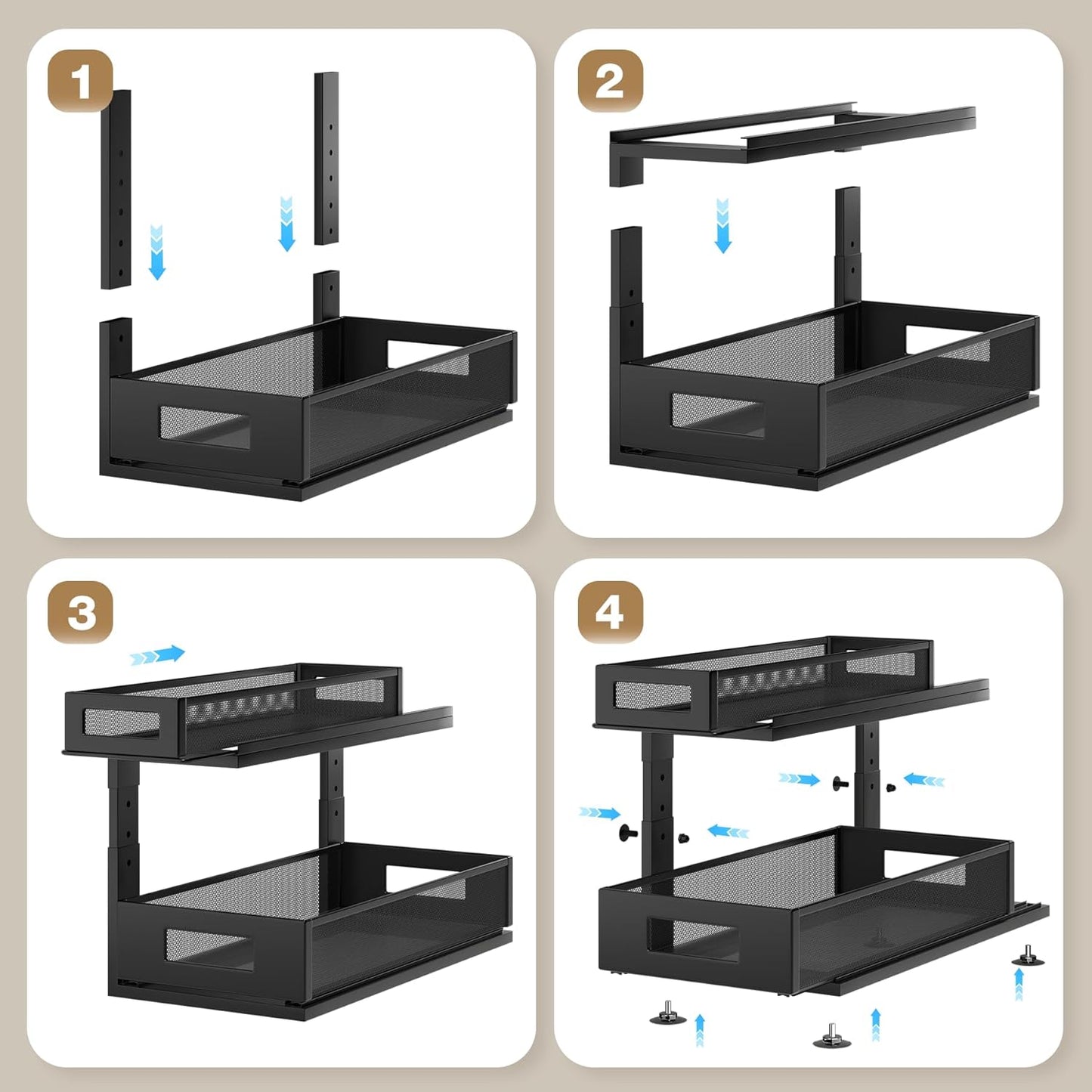 2 Pack 18.5IN-Depth Under Sink Organizer With Next-Gen Ball-Bearing Slides,2-Tier Pull Out Cabinet Storage,Height Adjustable Drawer Shelf for Bathroom,Kitchen,Laundry,Cabinet,Pantry-Black