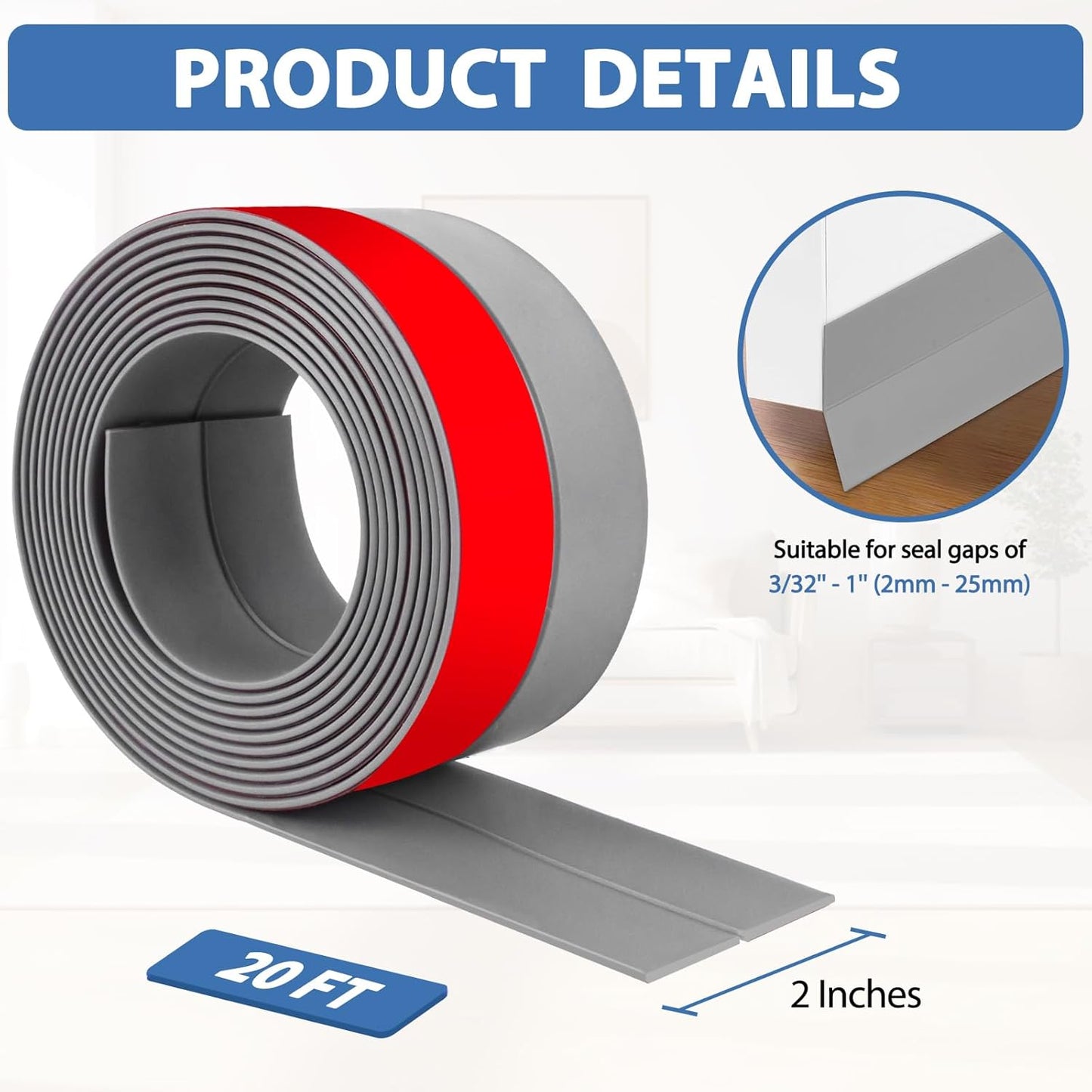 Weather Stripping Door Draft Stopper Flexible Self Adhesive Silicone Door Seal Strip for Glass Doors Windows and Shower Glass Gaps, 2 Inch Wide X 20 Feet Long, Gray