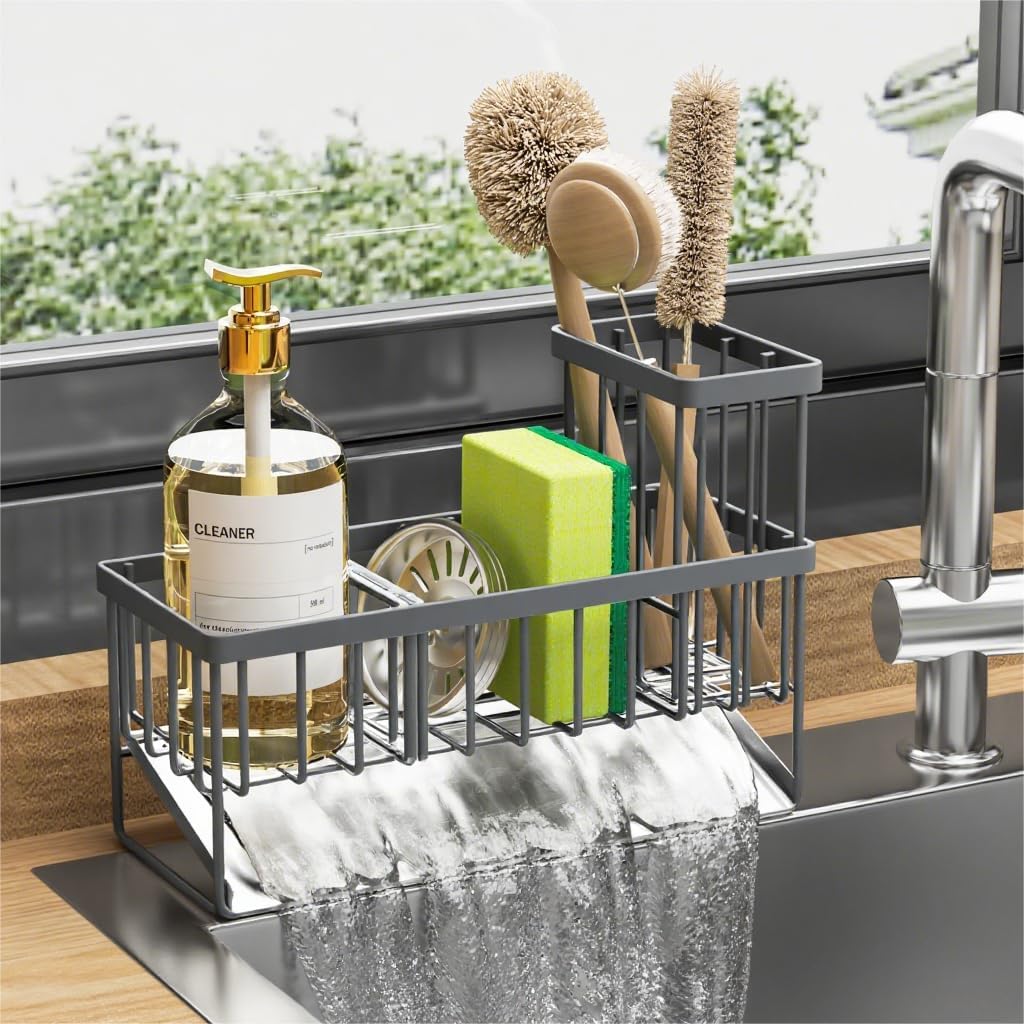 Cisily Sink Caddy Organzier with High Brush Holder, Sponge Holder for Sink, 304 Rustproof Stainless, Kitchen Countertop Soap Dispenser Organizer, Dark Gray Kitchen Decor and Accessories