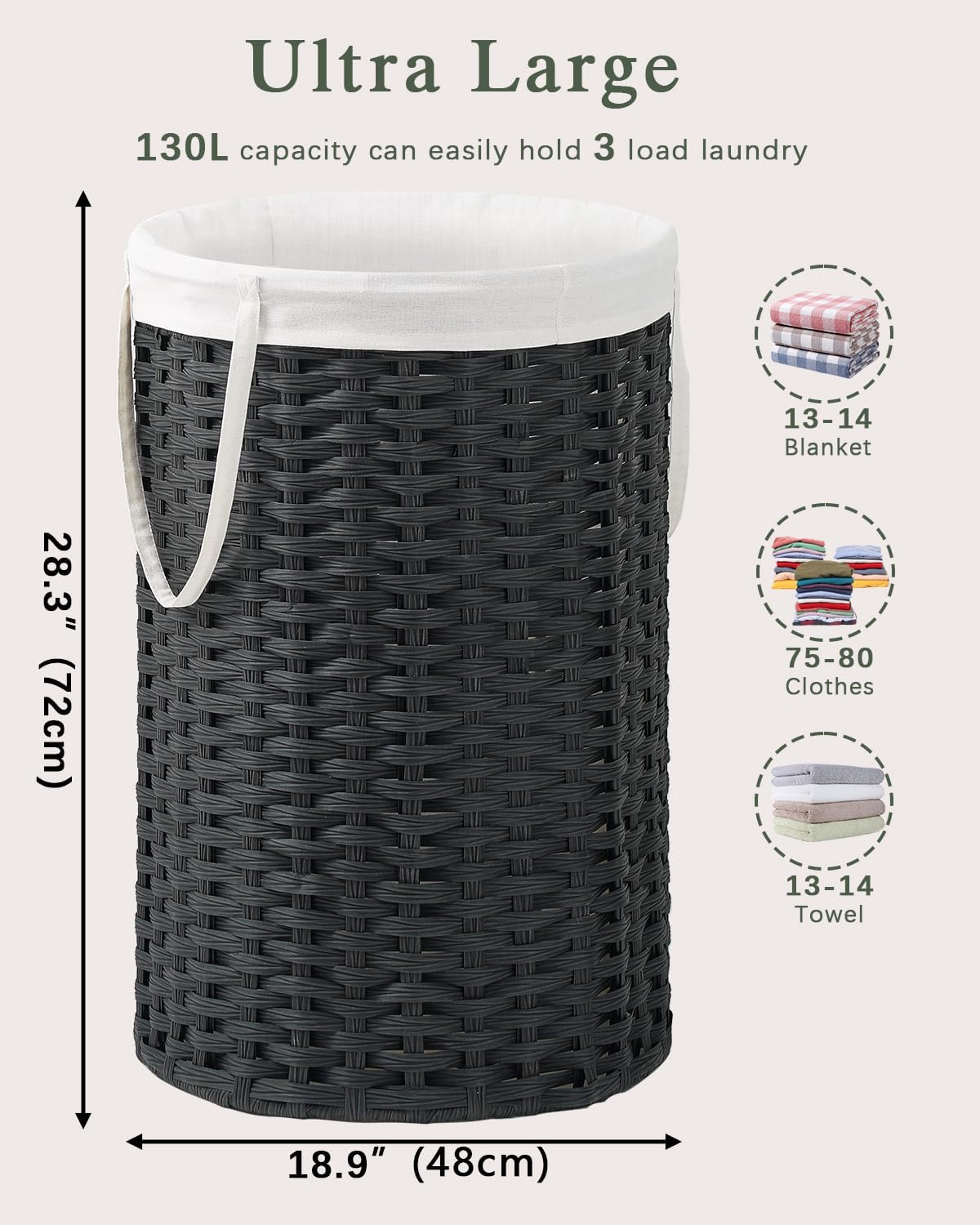 34.3 Gal (130 L) Large Laundry Hamper Laundry Basket Round Handwoven Wicker Laundry Baskets Rattan Laundry Basket with Removable Bag Handles 2 Mesh Bags for Living Room Bedroom Black