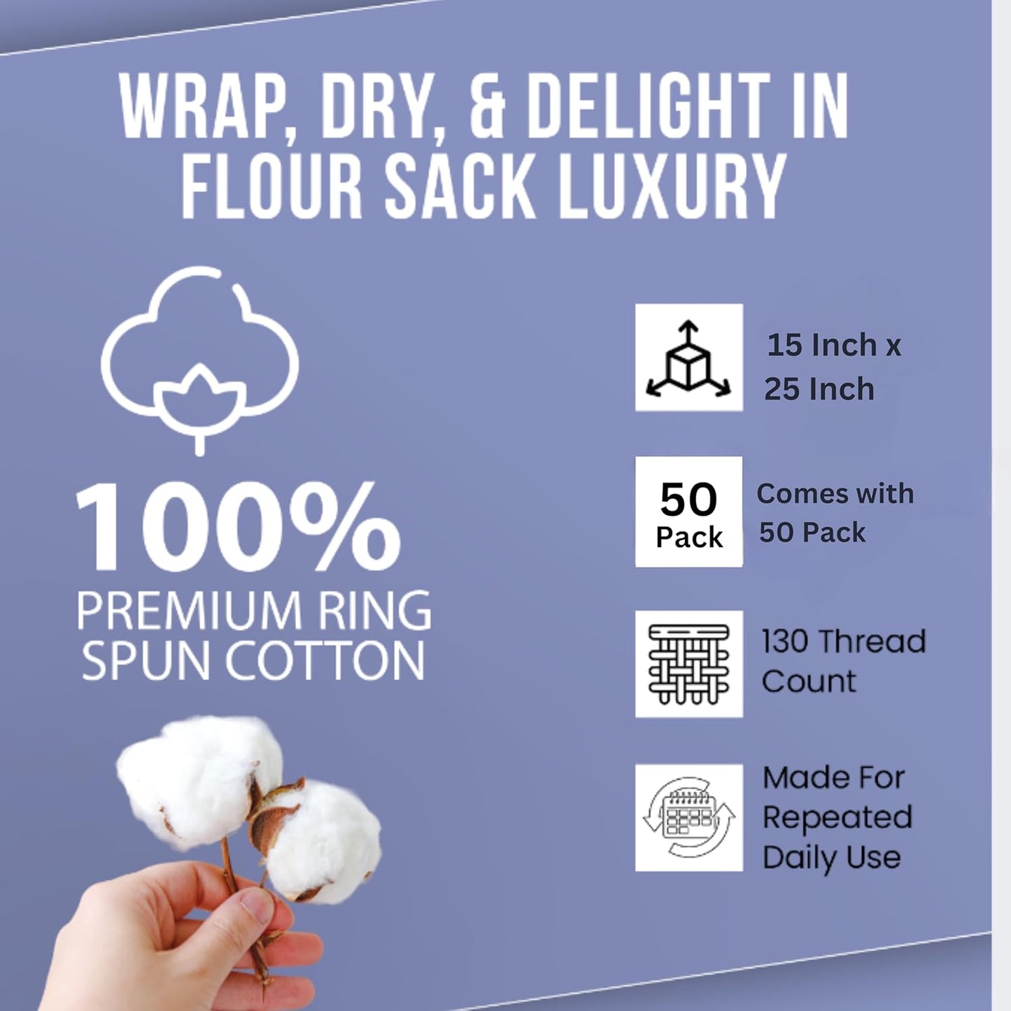 WHITEWRAP Flour Sack Towels| TeaTowel for Crafts| Kitchen Dish Cotton Blank Towel for Embroidery|Baking Bread Proofing Linen Cover| Thick Absorbent Quick Dry| 50 Pack15 x25 Natural