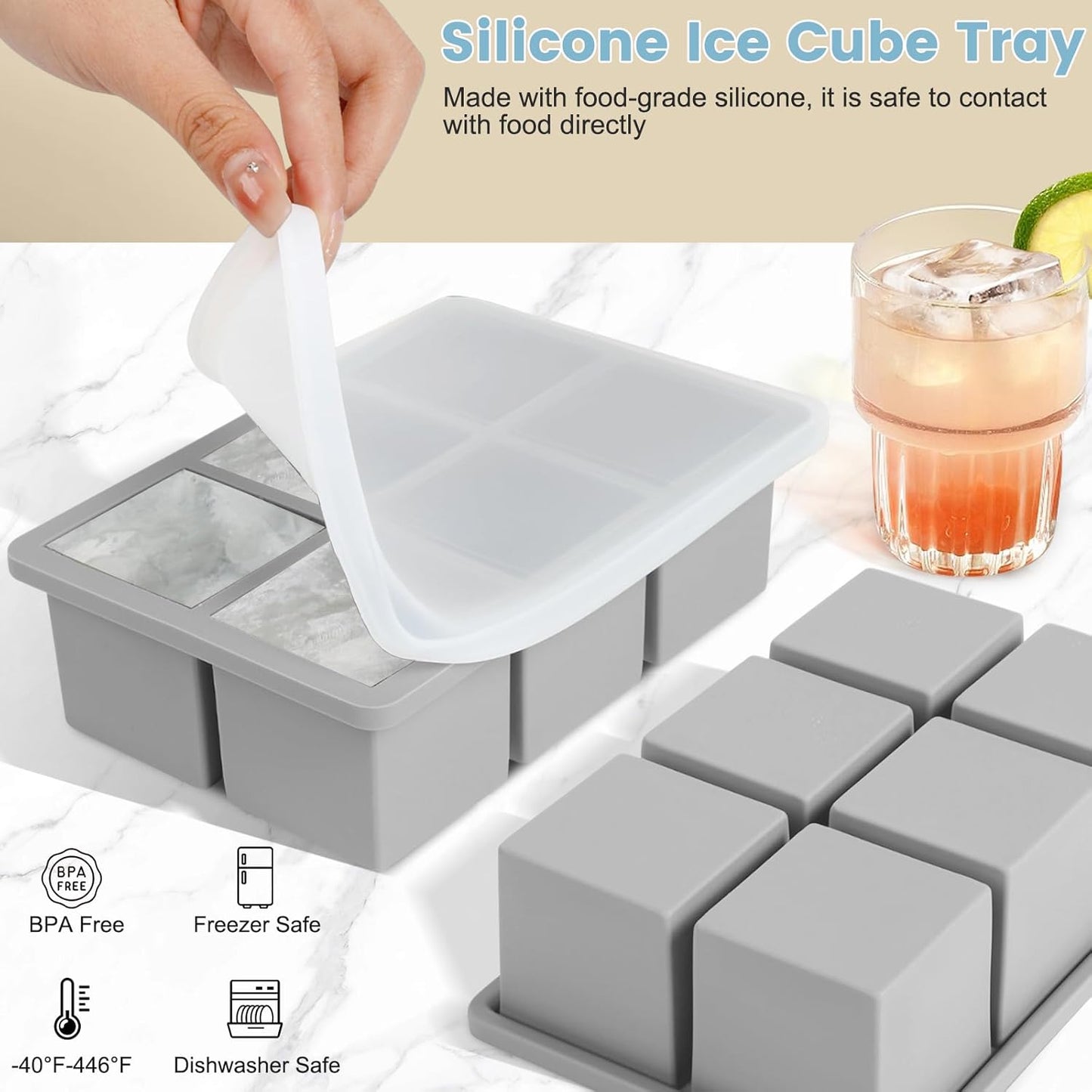 Large Silicone Ice Cube Tray 3Pack, SAWNZC Big Square Ice Cube Molds for Whisky Cocktail, Ice Maker Tray with Lid for Freezer, Easy Release (3, Grey)