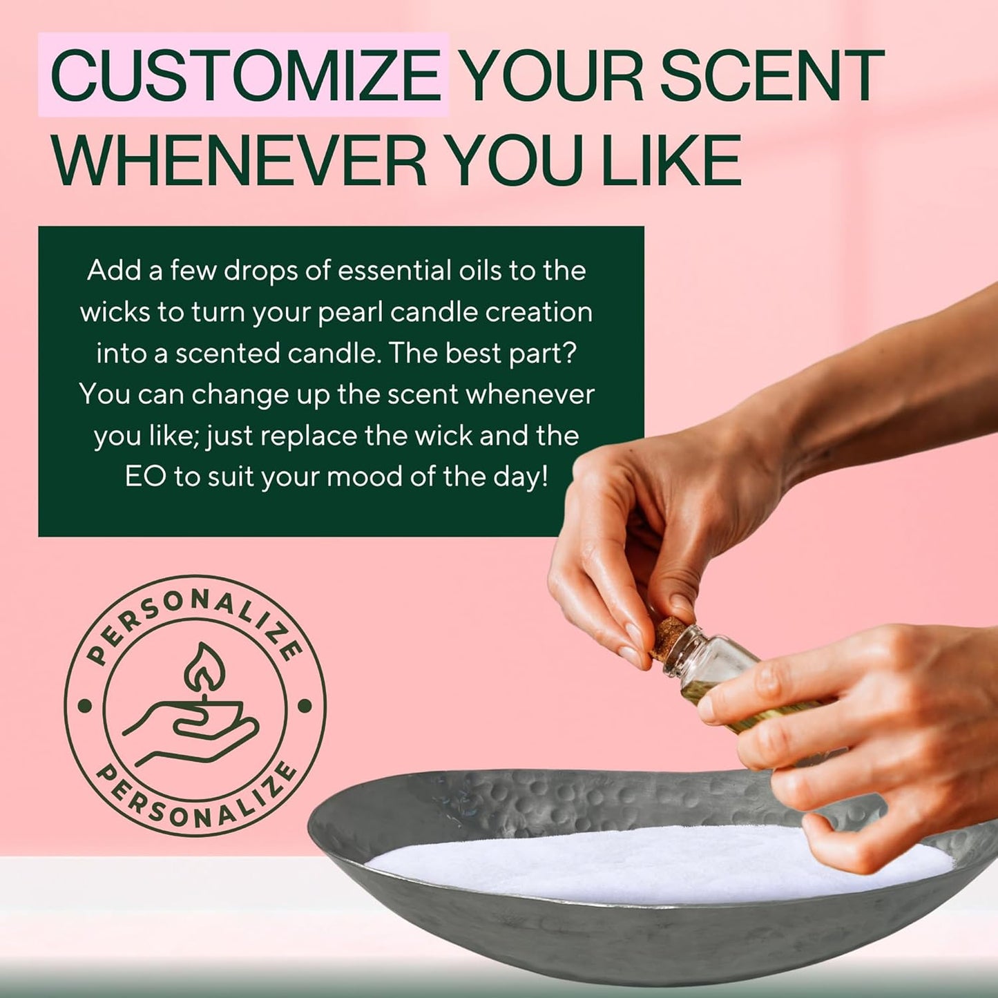 LILY LADUE Candle Refill Kit - 2Lb/32Oz Pearled Candles Sand and Wicks (48) and Hammered Silver Holder, Reusable Unique Sand Candles with Wicks for Candle Making, Bulk Unscented Pearl Wax Beads