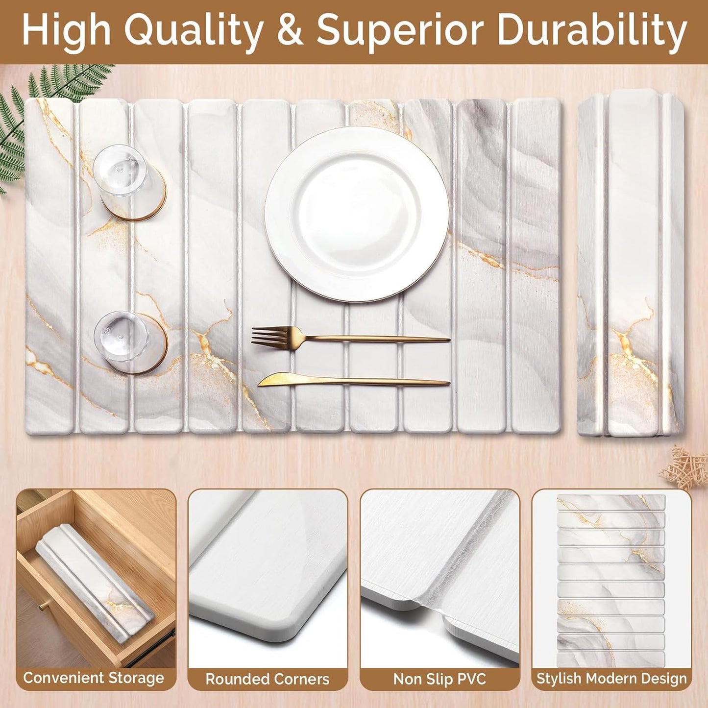 2 PCS Large Stone Dish Drying Mat for Kitchen Counter,Quick Dry Stone Dishes Mats,Marbled Water Absorbing Diatomaceous Earth Drying Pad for Countertop Bottles Utensils Cups(Gold White 24"x16"&8"x4")