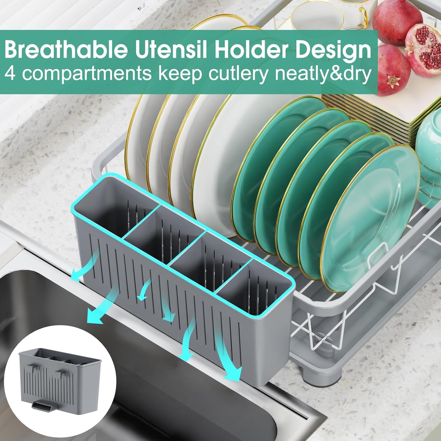 Dish Drying Rack - Space-Saving Dish Rack,Dish Racks for Kitchen Counter with Drainboard, Rustproof Dish Drainer with a Removable 4-Compartment Utensil Holder,Gray