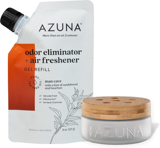 Azuna Air Freshener & Odor Eliminator for Strong Odor | 1 Room Kit Includes (1) Empty Luxe Glass Jar & 8oz Refill with Tea Tree Essential Oil Gel | Sandalwood | Last 60-90 Days