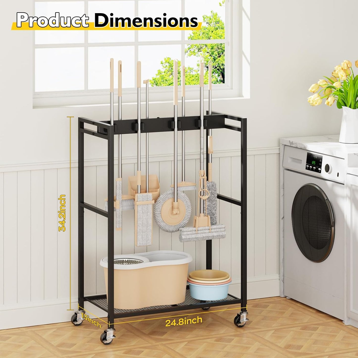 BORISI Broom And Mop Holder, Movable Broom Closet Storage Cabinet, Cleaning Cart with Mop Hanger Gripper Rack, Janitorial Cart, Utility Carts, Laundry Room Organization Home Essentials