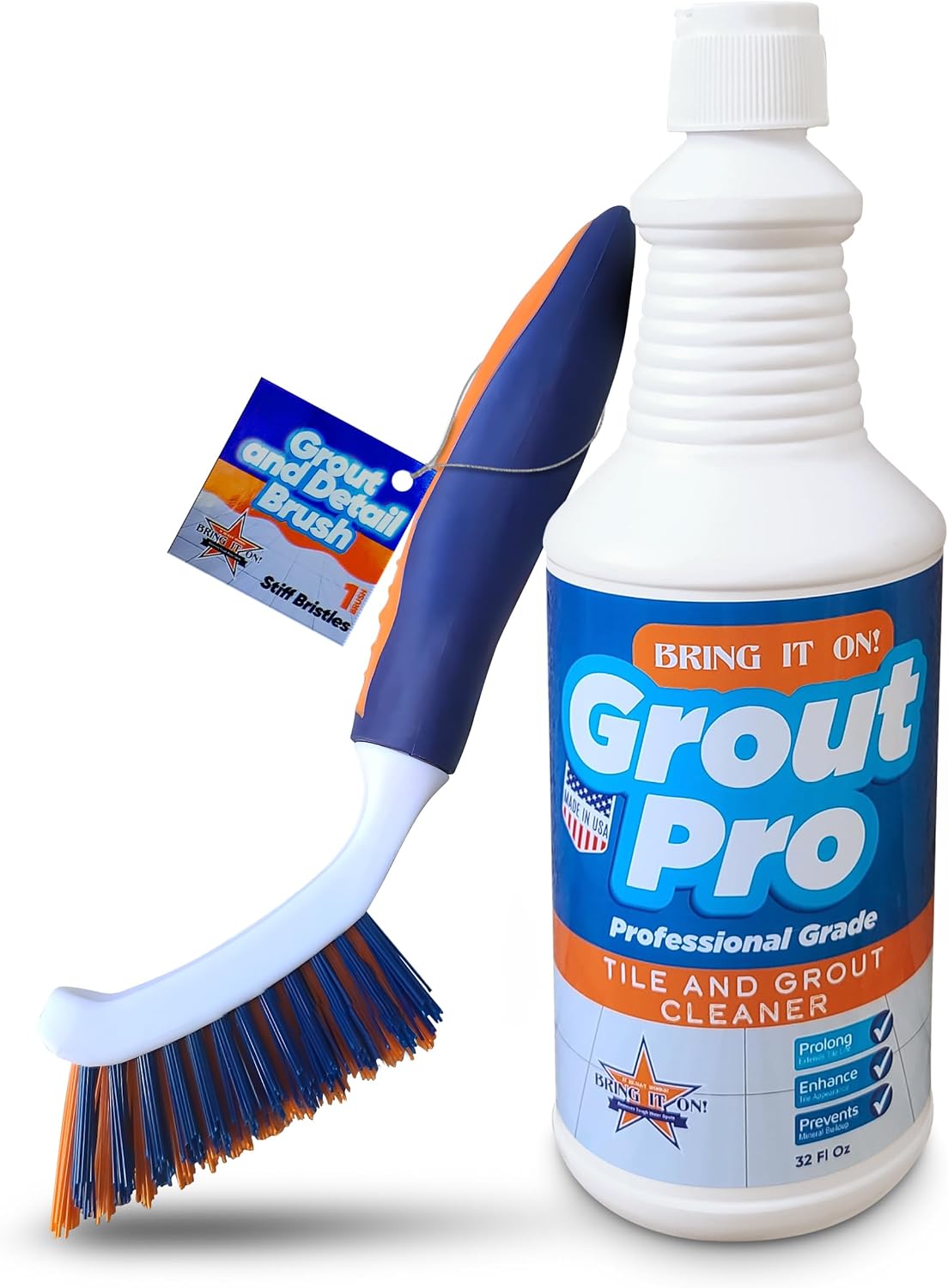 Bring It On Grout Cleaner Pro with Grout Cleaning Brush – 32Fl Oz Grout Cleaner for Shower Tile Includes 8-inch Heavy-Duty Grout and Tile Cleaner Brush – Effectively Removes Mineral Deposits