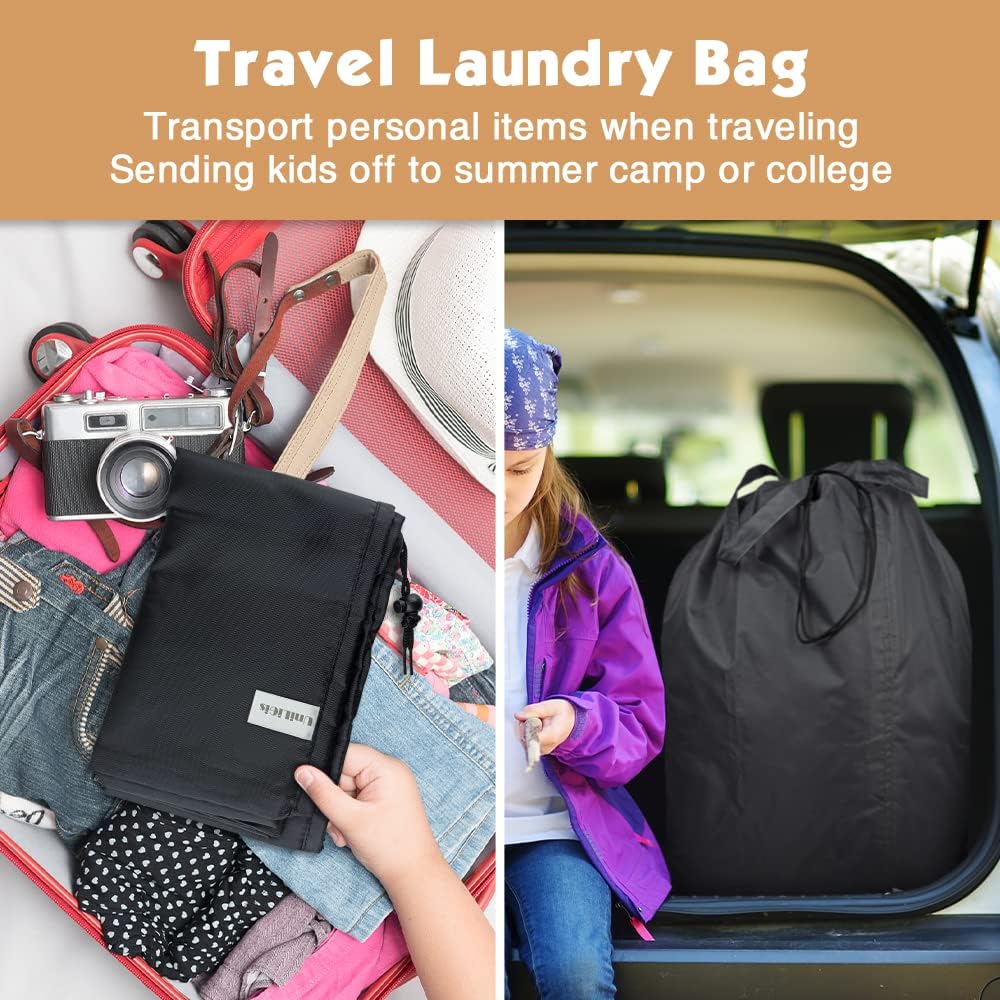 Washable Travel Laundry Bag with Handles and Drawstring (2 Pack), Heavy Duty Large Enough to Hold 3 Loads of Laundry, Fit a Laundry Basket or Clothes Hamper, 27.5x34.5 in,Black