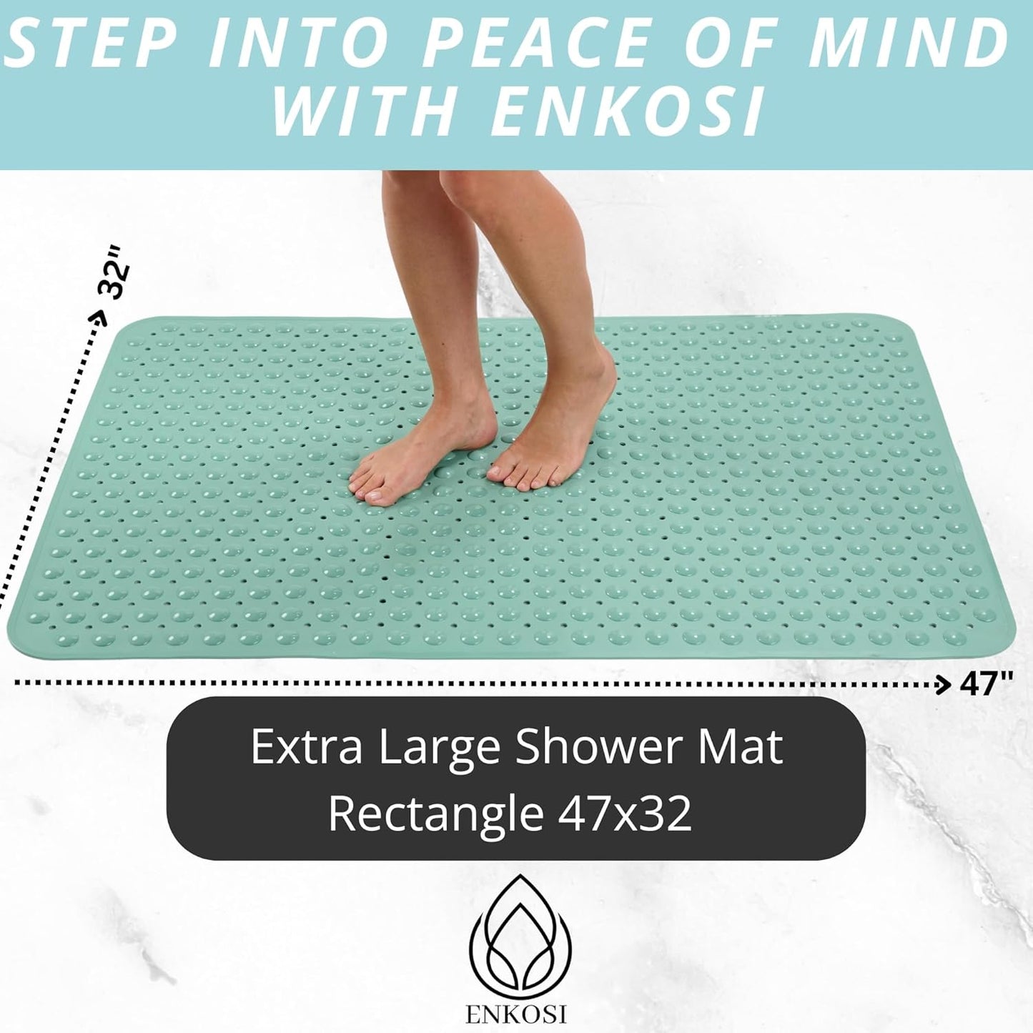 ENKOSI Extra Large Shower Mat Non Slip - 47 x 32 inch - XL Bathroom Shower Mat - Large Shower Matts for Shower Stall Floors - Secure Suction Cups and Drain Holes (47x32 Aqua Green)