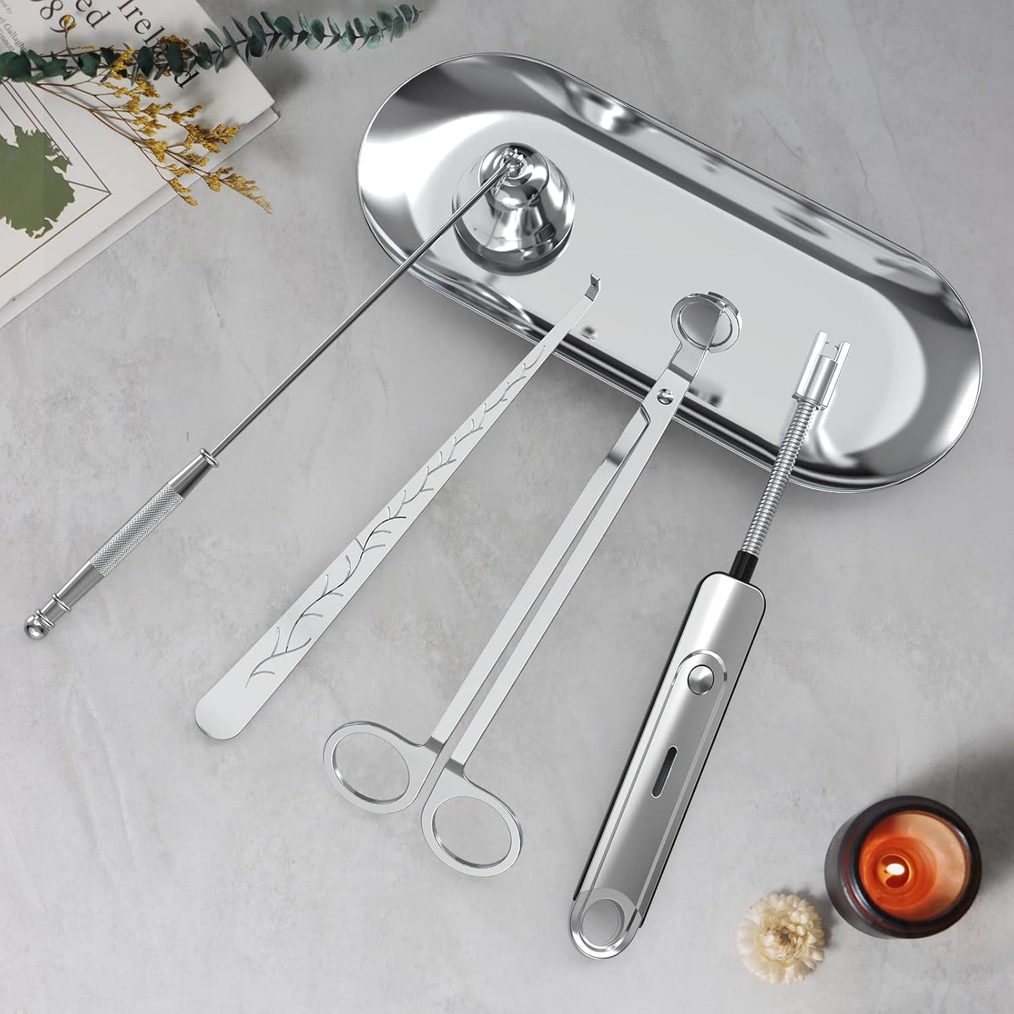 Lsnisni 5Pcs Candle Accessory Set With Rechargeable Electric Lighter, Storage Tray, Wick Trimmer, Snuffer, Dipper - Stainless Steel Care Kit With Gift Package for Candle Lovers - Silver