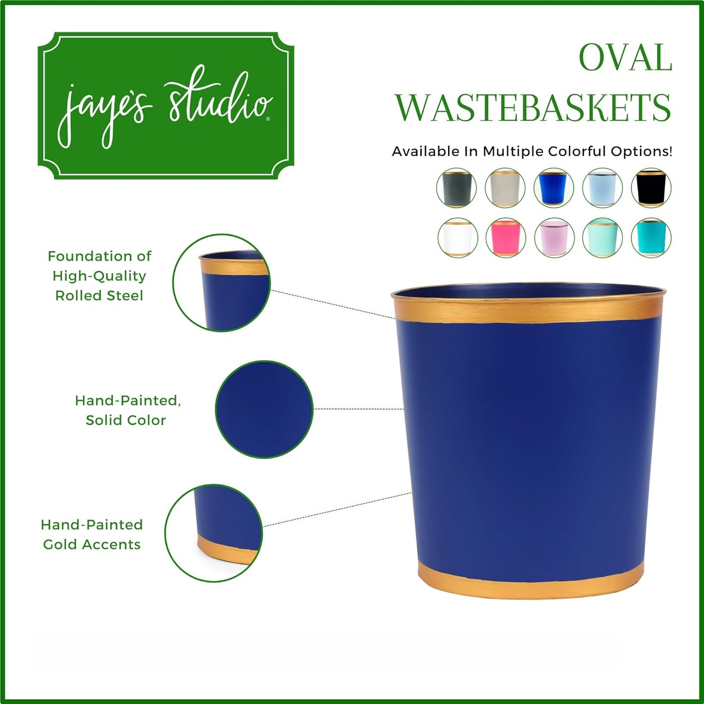 Jaye's Studio Mattie Line, Oval Wastebasket & Garbage Bin, Gold Trim & Finish, Hand-Painted, Handcrafted Metal, Trash Bin for Bedroom, Office, Bathroom, 12" x 10" x 8" (Navy)