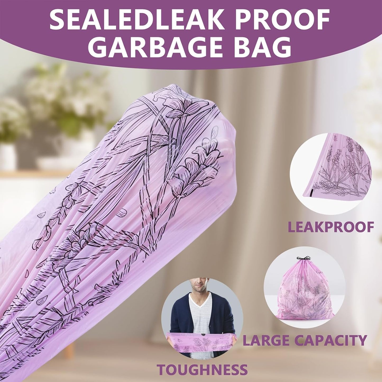 VOK 13 Gallon Trash Bags with Lavender Print & Drawstring, Tear-Resistant Tall Kitchen Garbage Bags, Heavy-Duty Kitchen Trash Bags for Home, 50 Counts