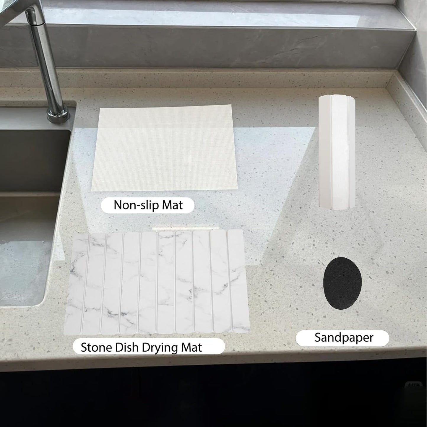 Stone Drying Mat for Kitchen Counter 24"×16" ,Large Dish Drying Mat with Drainage Grooves, Non-Slip Silicone Drying Mat, Absorbent Counter Protector for Dishes, Utensils