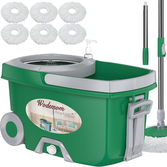 Dual Compartment Spin Mop and Bucket, Mop and Bucket with Wringer Set,360°Rotating Spinning Mopping for Floor Cleaning with 6 Microfiber Replacement Heads, 61" Extended Handle, 2X Wheel - Deep Green