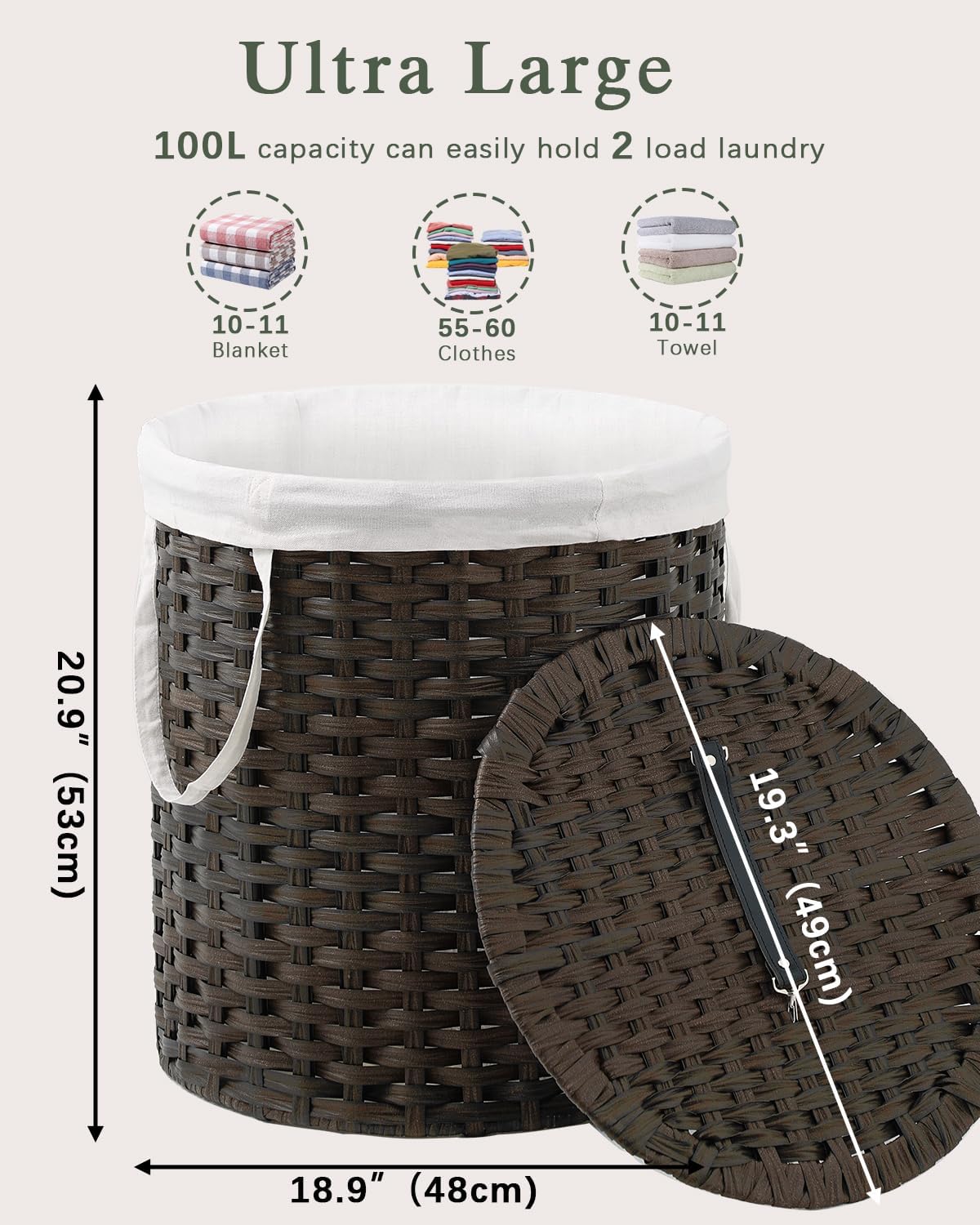 Laundry Hamper with Lid Wicker Laundry Hamper Round 26.5 Gal (100 L) Laundry Basket Handwoven Rattan Laundry Basket with Removable Bag Handles 2 Mesh Bags for Living Room Bedroom Brown