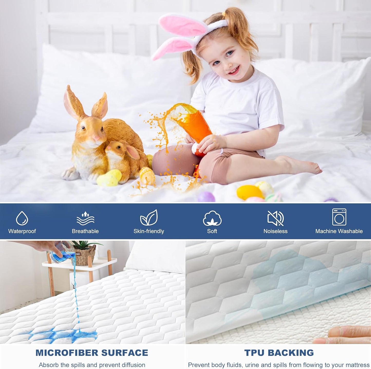 GRT California King Mattress Protector Waterproof, 100% Waterproof Quilted Fitted Mattress Pad, Noiseless Hollow Cotton Mattress Cover, fits up to 21" Deep, Dust Proof White