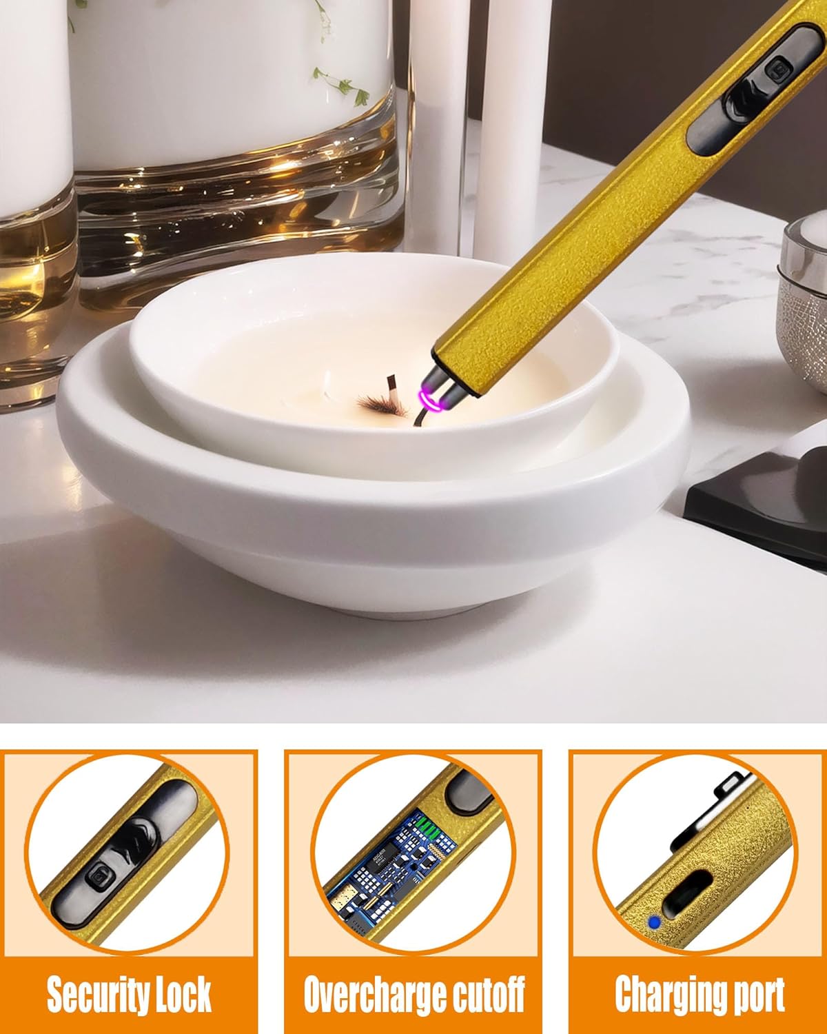 4 in1 Candle Accessory Set with Rechargeable Candle Lighter, Candle Wick Trimmer, Candle Wick Snuffer, Candle Wick Dipper, Candle Care Kit (Gold)