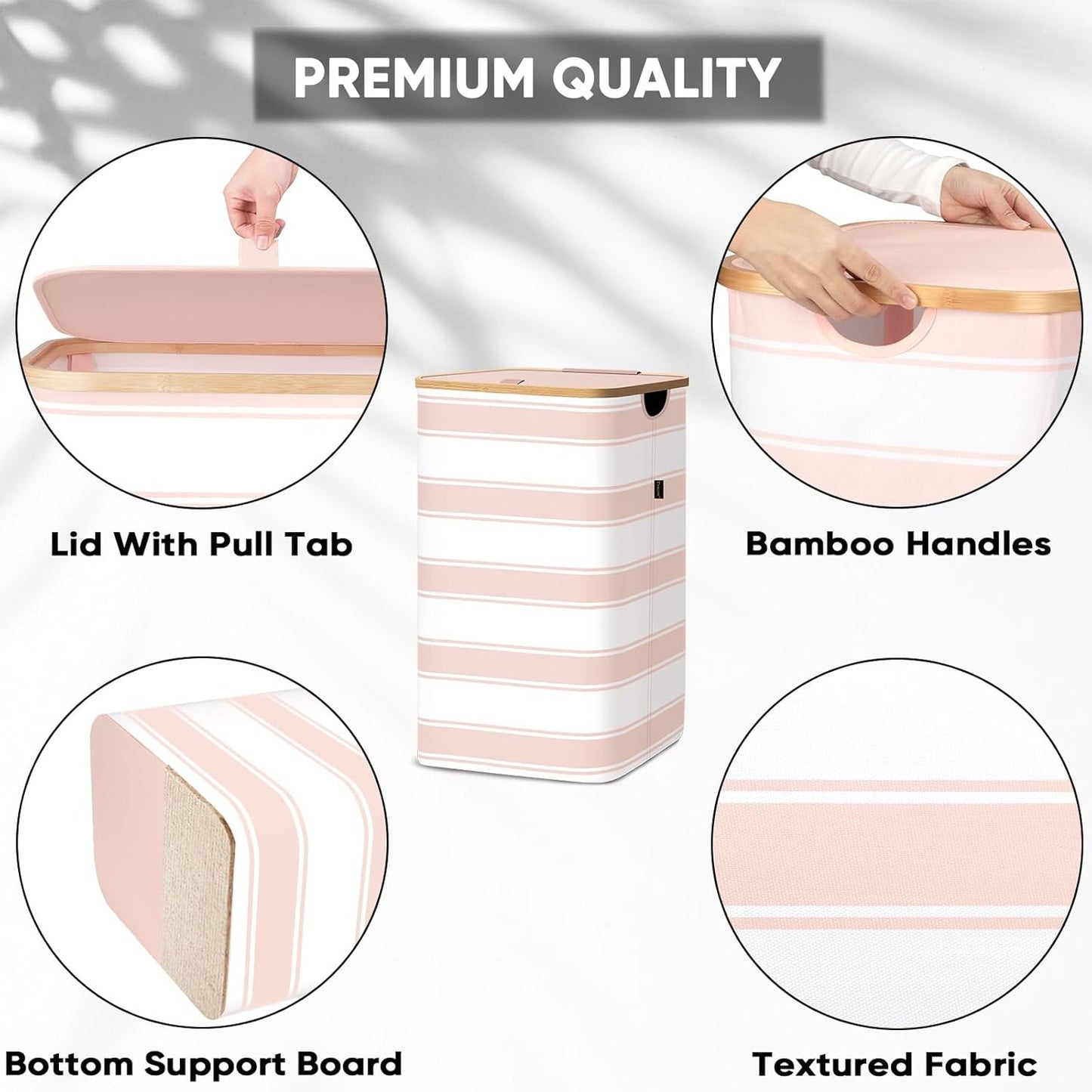 BALEINE Laundry Hamper with Lid, Tall Laundry Baskets with Bamboo Pull Handles, Large Laundry Bin with Internal Support (26 Gal/100L, Pink Stripe)