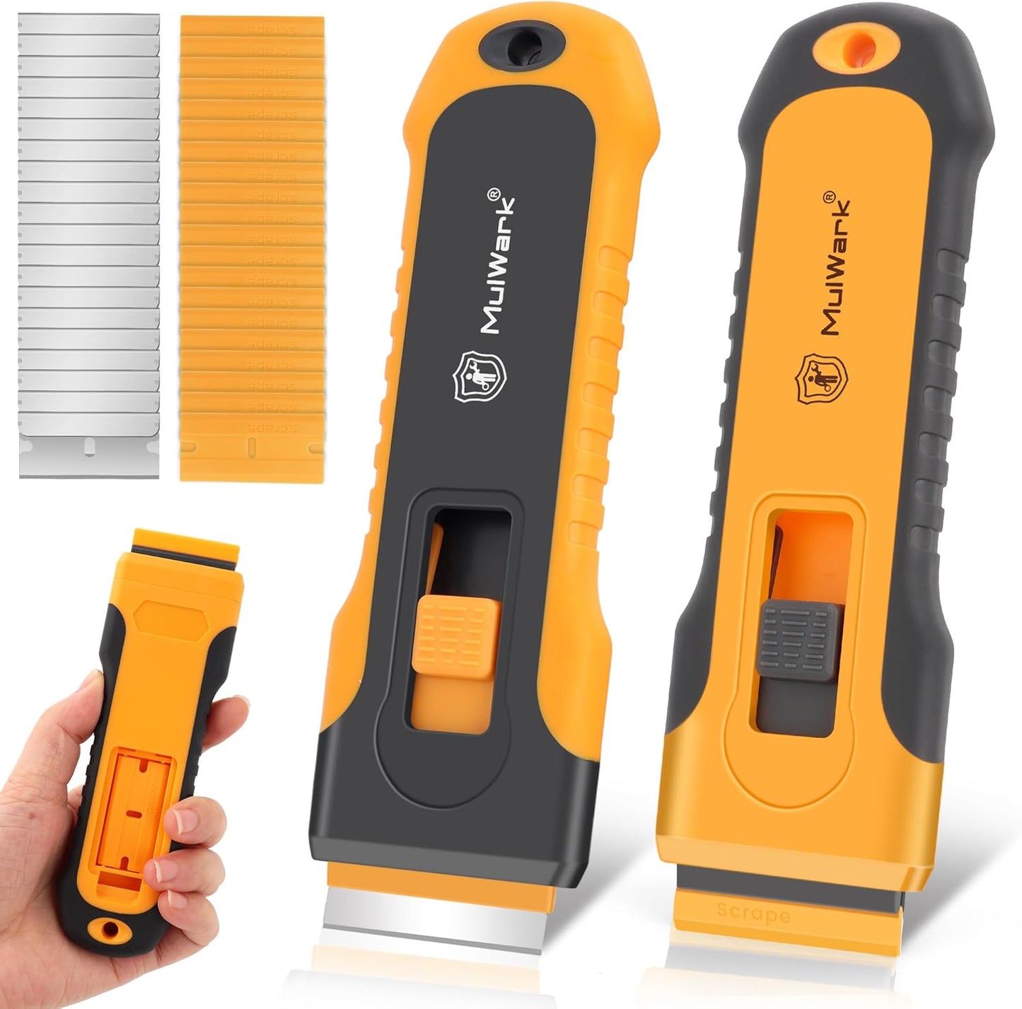 MulWark Razor Blade Scraper, 2 Pack Razor Scraper Tool with Extra 42pcs Razor Blades, Glass scraper with Storage Function Cleaning Scraper Tool for Cooktop, Glass, Old Label, Decal Sticker