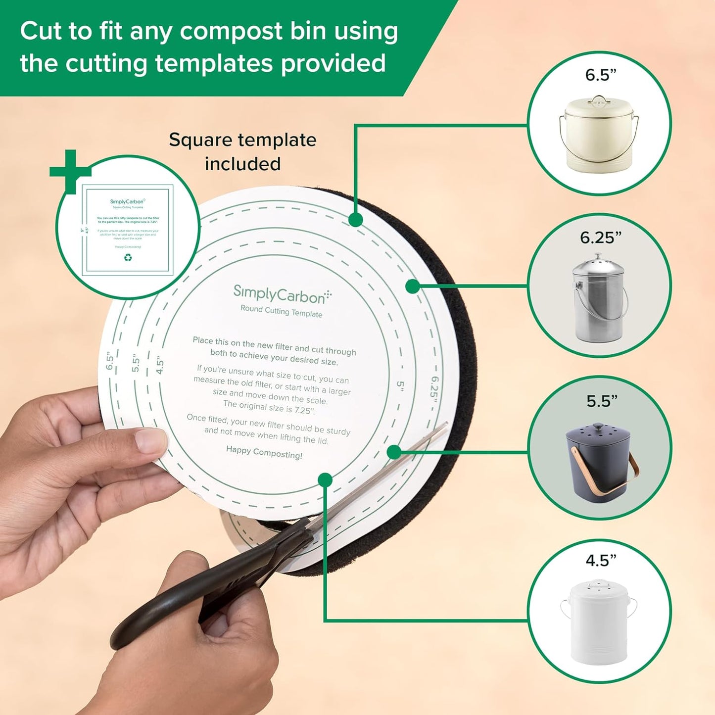 2 Years Supply Extra Thick Filters for Kitchen Compost Bins - Longer Lasting Activated Charcoal - Universal Size Fits ALL Compost Bins up to 7.25" Filter Size - Replacement Set of 6 (by Simply Carbon)