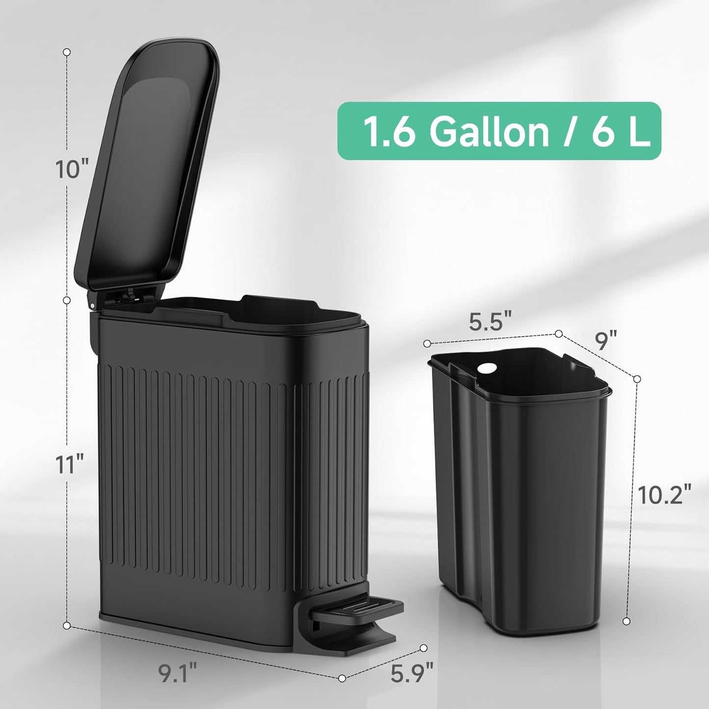 TIPGO Slim Bathroom Trash Can with Lid Soft Close, Step Pedal, 6 Liter / 1.6 Gallon Stainless Steel Trash Bin, Small Garbage Cans for Bedroom, Office, Kitchen (Black)