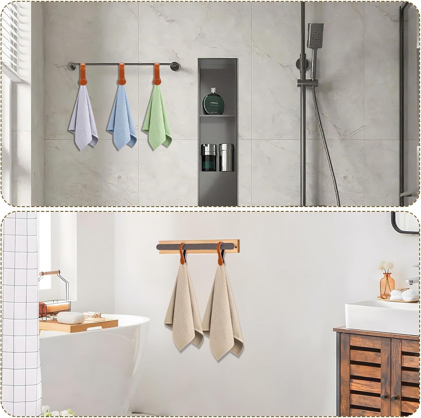 4 PCS Genuine Leather Towel Clips for Kitchen, Magnetic Hand Clips, Towel Holder with Magnet for Rods and Racks, Bathroom Accessory (Light Brown)