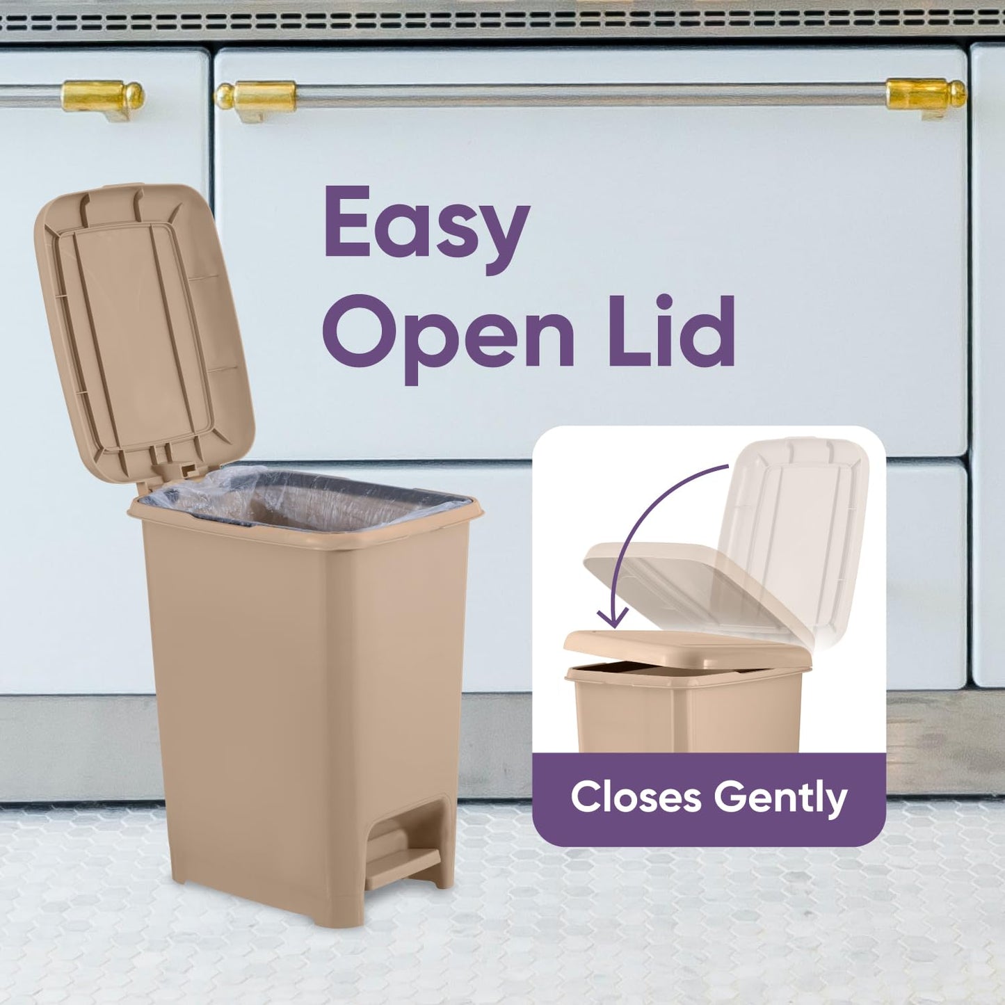 Superio Slim Step On Trash Can, Beige Waste Bin with Foot Pedal Lid 26 Liter, Kitchen, Under Desk, Office, Bedroom, Bathroom (2, 2.5 Gallon)