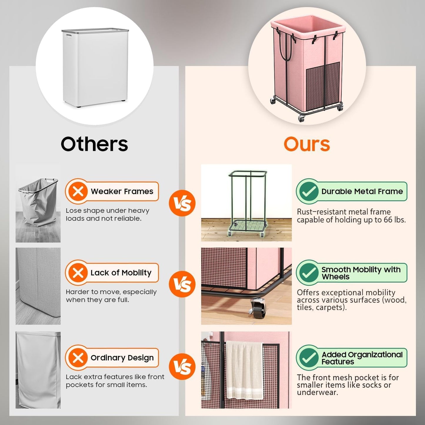 150L Laundry Hamper with Wheels, Rolling Laundry Basket with Metal Frame and Removable Bag, Large & Tall Dirty Clothes Hampers for Bedroom Aesthetic, Laundry Room, Bathroom, Dorm-Pink