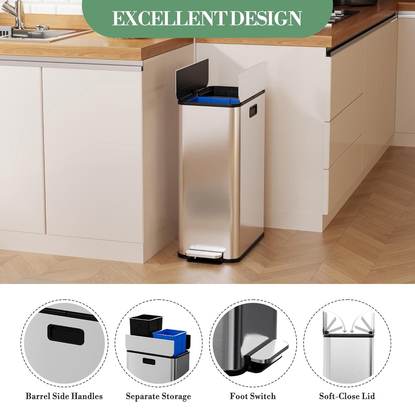 15-Gallon Dual Trash Can, Step-On Pedal Kitchen Trash Bin with Butterfly Lid, Odor-Proof Stainless Steel Large Trash Recycle Bin Combo with Removable Inner Buckets (2 x 28L) - Silver