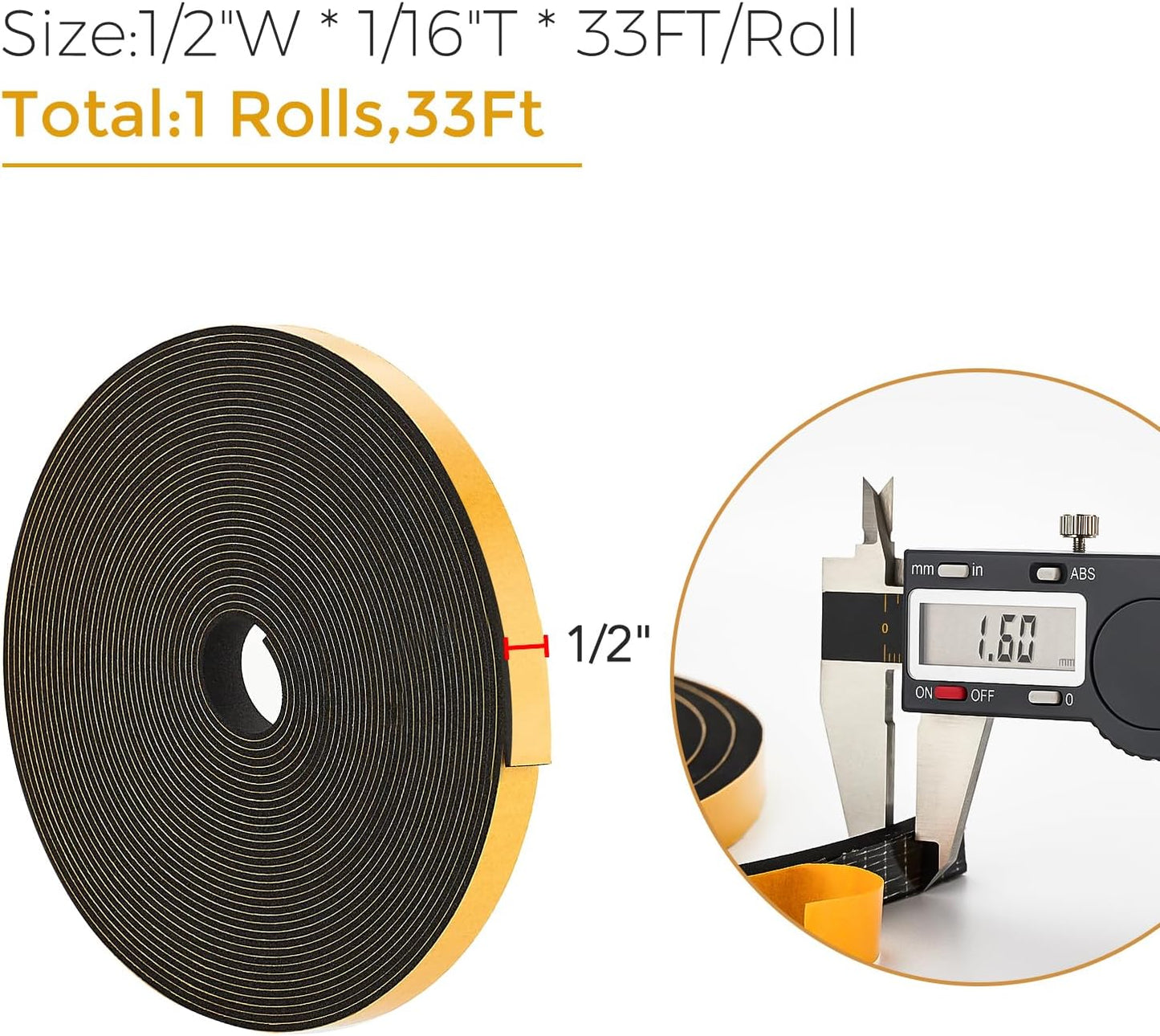 33 Feet Weather Stripping Door Seal, 1/2" Wide X 1/16" Thick Door Seal Strip High Density Foam Tape Adhesive Strip for Door Soundproofing,Window Insulation (1/2" x 1/16" x 33FT,Black)