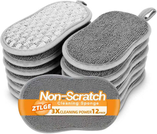 Multi-Purpose Scrub Kitchen Sponges – 12 Pack Dish Sponge, Dual-Sided Non-Scratch Microfiber & Metal Scrubber, Reusable Heavy Duty Sponges for Dishes, Pots, Glass, Sink, Stovetop & Bathroom