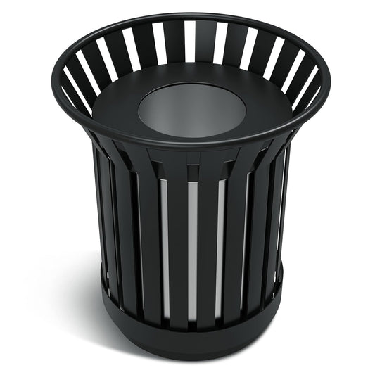 8Gallon/30L Commercial Outdoor & Indoor Metal Trash Can, Outdoor Slatted Trash Receptacle with Metal Linner, All Weather Resistant Large Outside Zone Round Garbage Bin for Street, Park, School - Black