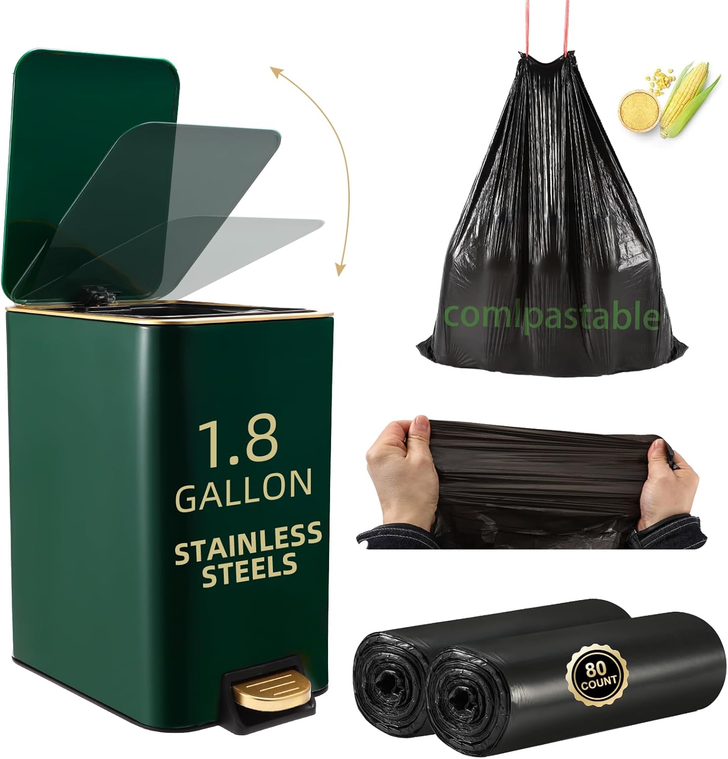 Small Bathroom Trash Can with Lid Soft Close, 1.8 Gallon Stainless Steel Garbage Can with Removable Inner Bucket,80Count Trash Bags, Slim Step Pedal Trash Bins