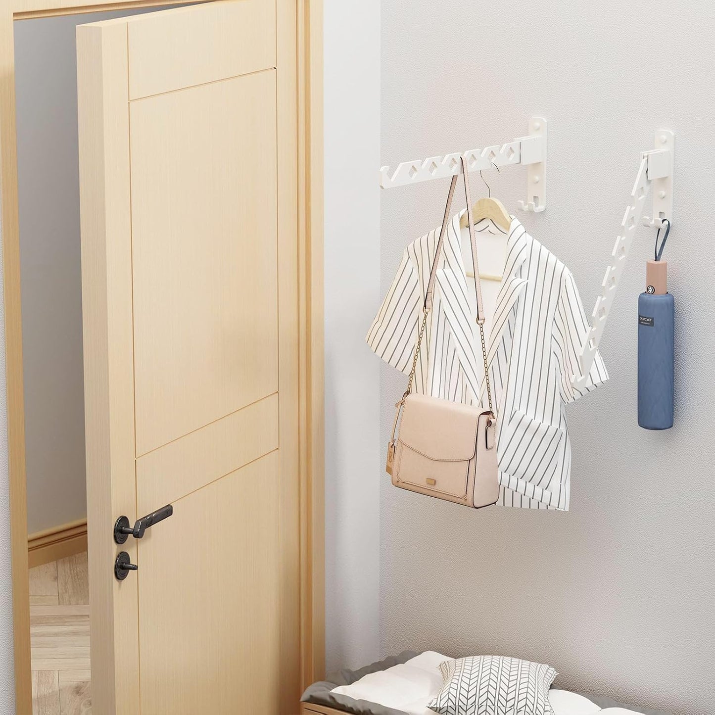 Wall Mounted Clothes Drying Rack, Wall Clothes Hanger Hook for Laundry Room, Clothes Hanger Foldable, Wall Clothes Rack Indoor, Perfect for Small Spaces, White 2 Packs