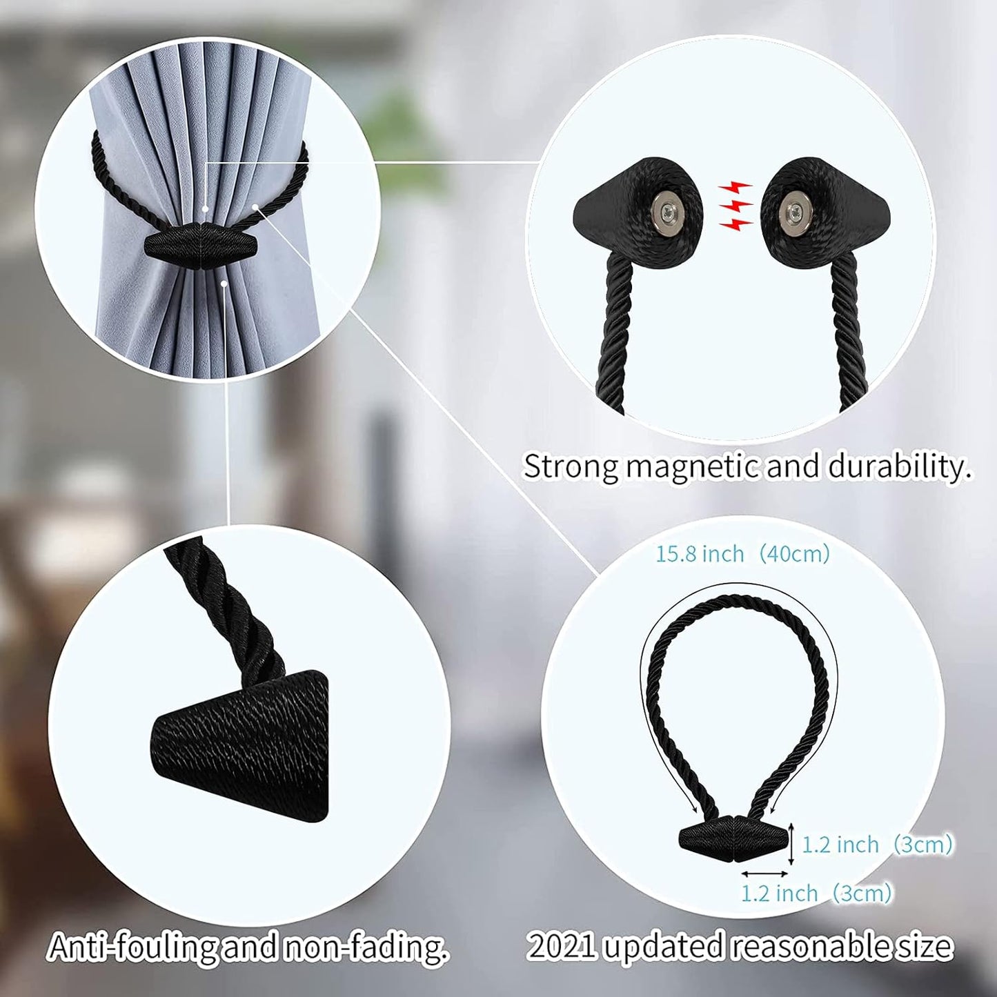 Hion Magnetic Curtain Tiebacks Black 2pcs, Curtain Tiebacks Buckles Holdbacks Holders Hooks Clip for Home Bedroom Office Decorative Curtain