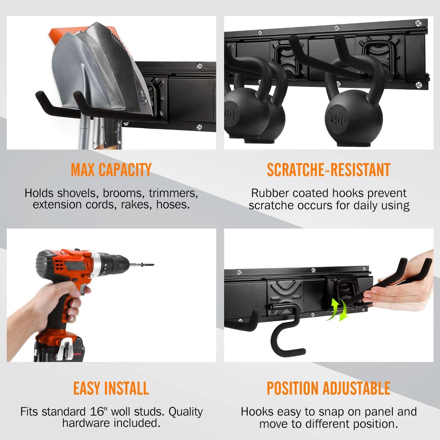 Garden Tool Storage Rack, Outdoor Power Tools Hangers for Garage Wall Organization with 6 assorted Multi-Purpose Hooks, Organizer Holders for Landscaping Equipment, Folding Chairs, Ladders etc.