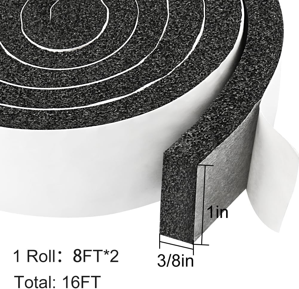 2 Rolls 1 Inch W 3/8 Inch T Weather Stripping Air Conditioner Open Cell Foam Seal Tape, Window Insulation High Resilience Seal Strip for Doors Window,Total 16FT