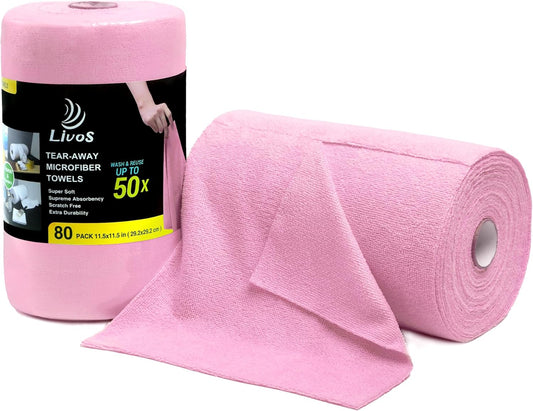 LIVOS Microfiber Cleaning Cloth Roll - 80 Pack, Reusable Paper Towels Pink Tear Away, Microfiber Towels for Cars, Super Absorbent Lint Free Cleaning Rags for House, Kitchen, Window-11.5"x11.5"