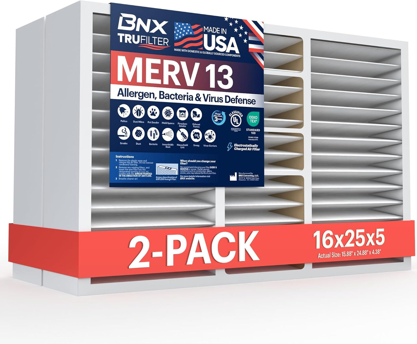 BNX TruFilter 16x25x5 (15.88’’ x 24.88’’ x 4.38‘’ Compatible with Honeywell 4”) MERV 13 Air Filter (2-Pack) - MADE IN USA - HVAC AC Furnace Filters, Allergies, Mold, Bacteria, Smoke, MPR 1900 FPR 10
