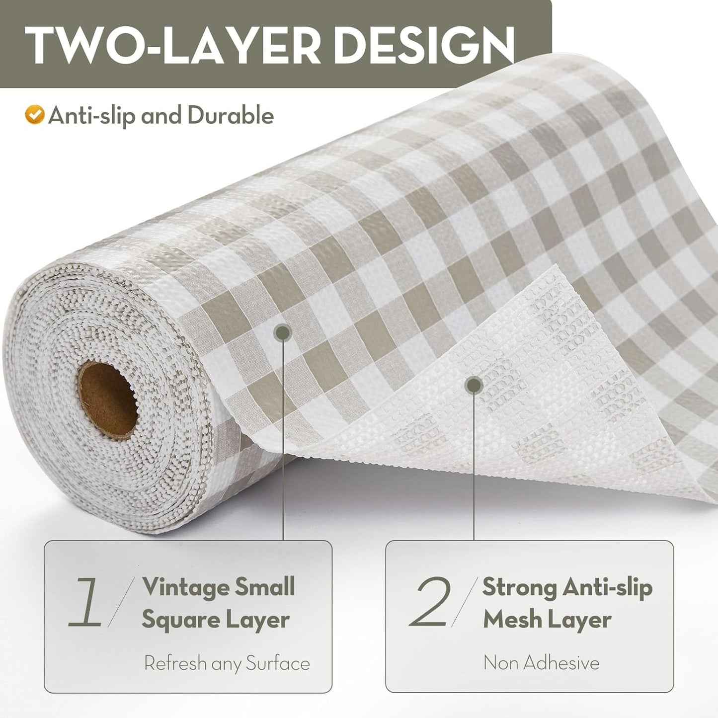 Drawer Shelf Liner, Non-Slip Kitchen Cabinet Liners Non-Adhesive Thick Strong Grip Waterproof Mats Protect Dresser Shelves Cupboard Bathroom Cabinets, Green Plaid, 23.6 in X 20 FT