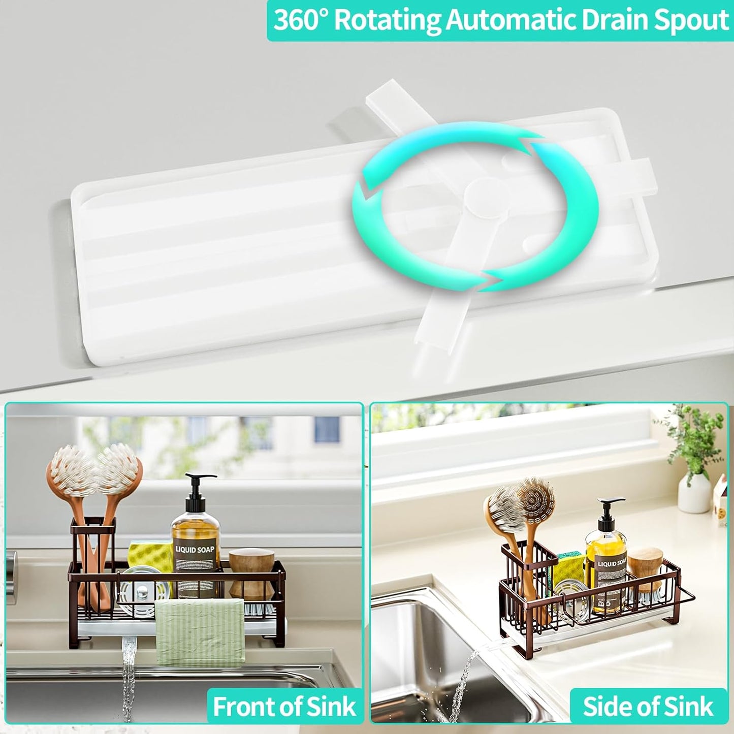 HapiRm Sponge Holder for Kitchen Sink - Self-draining Sink Caddy with Brush and Dishcloth Holders, Stainless Steel Kitchen Organizer for Countertop - Bronze