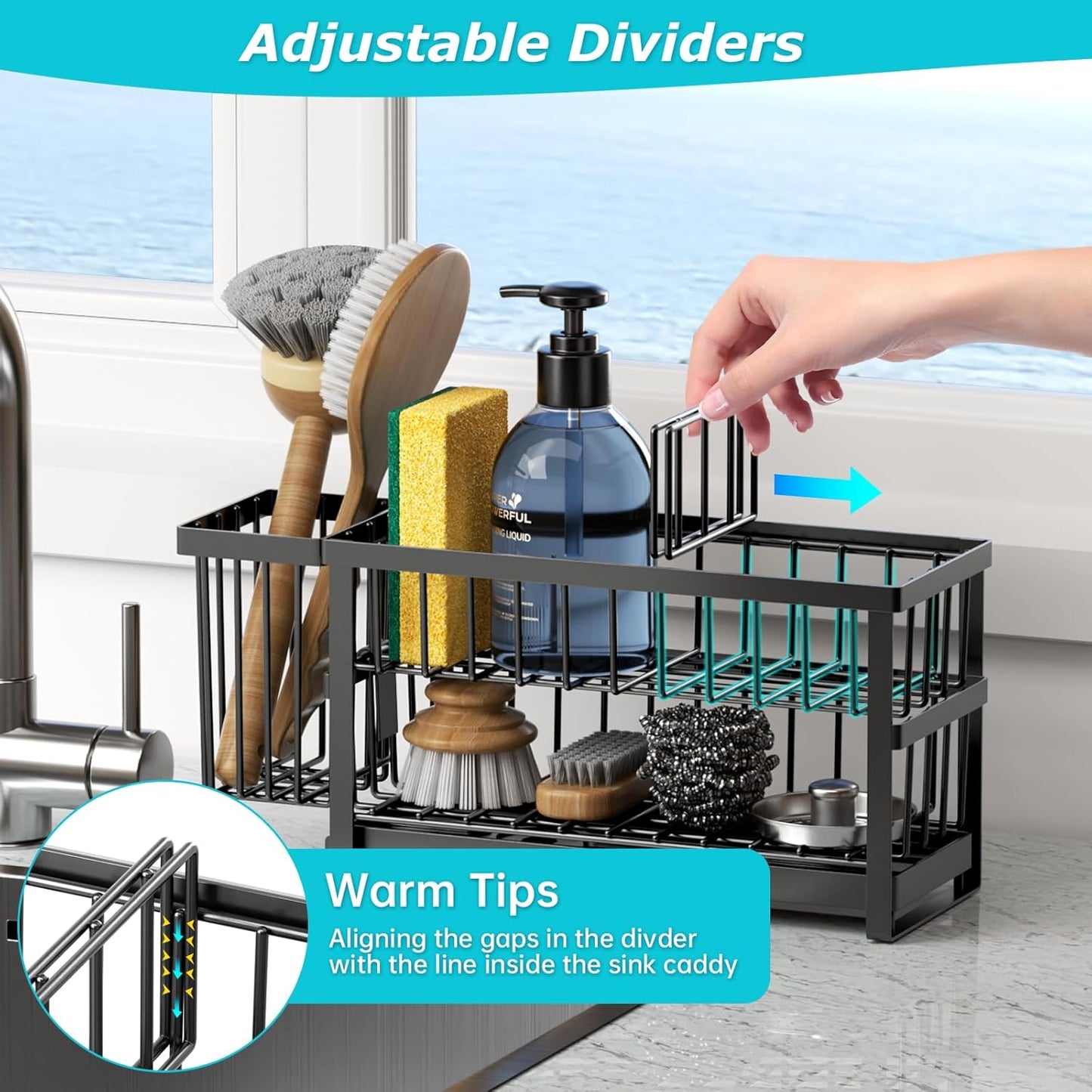 Sponge Holder for Kitchen Sink, 2 Tier Sink Caddy Organizer Countertop with Dish Brush Holder and 360° Drain Tray, Rustproof Stainless Steel Dish Soap Storage Rack Set for Accessories
