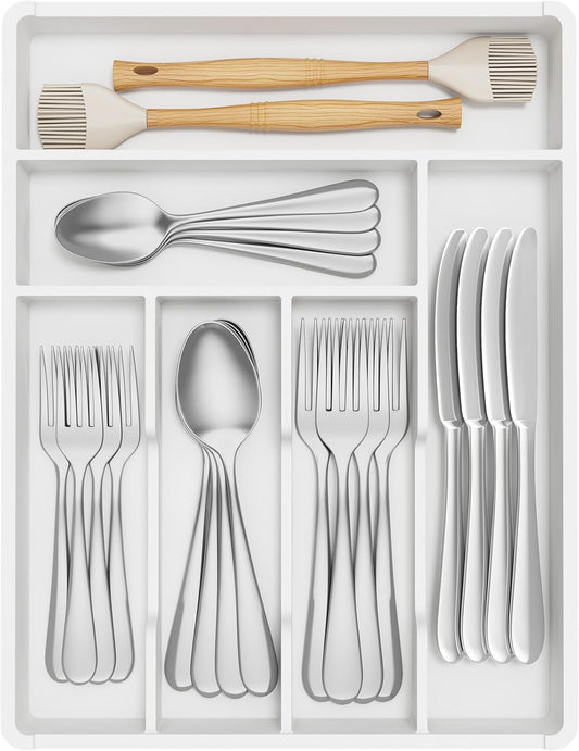 Lifewit Silverware Tray, Deep Wide Cutlery Drawer Organizer Storage for Kitchen, Plastic Flatware Utensil Holder Divider for Spoons Forks Knives Tableware, 6 Compartment, White
