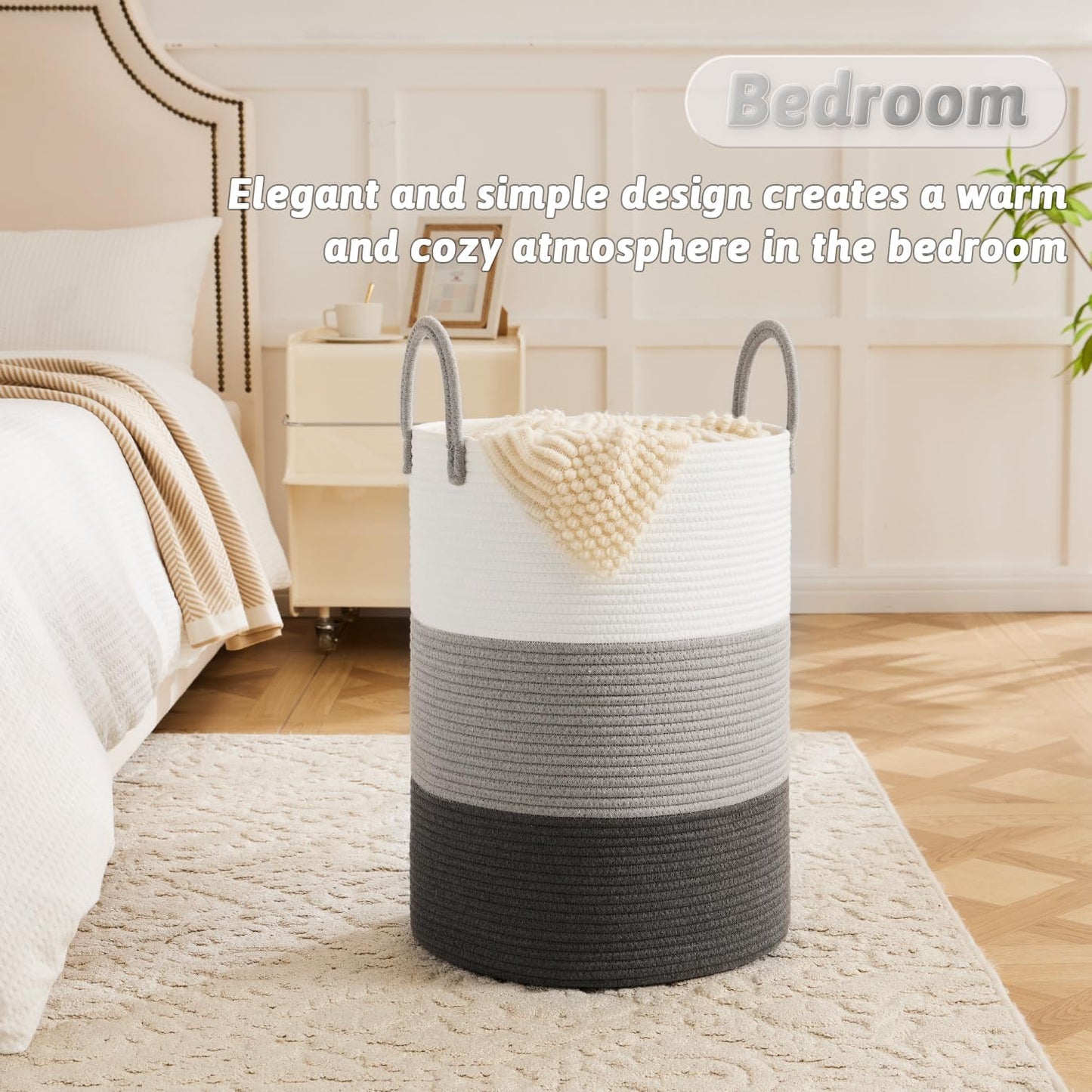 Laundry Basket,Woven Cotton Rope Laundry Hamper,100L for Decorative Storage of Dirty Clothes,Toys and Blankets in Bathroom,Bedroom and Living Room